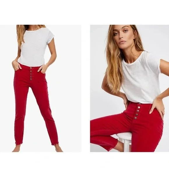 Free People Reagan Raw Jean Corduroy Button Fly Cropped Skinny Leg Red 27"W 26"I - Picture 1 of 7
